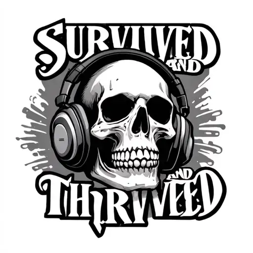 "Survived and Thrived " skull wearing headphones tattoo design idea