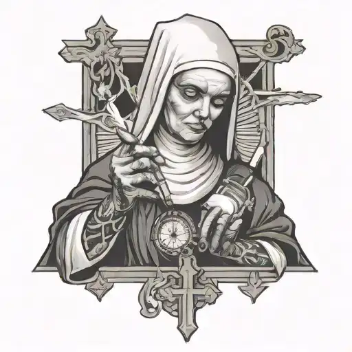a nun with a cross and smoking a cigarette and a watch surrounded  tattoo design idea