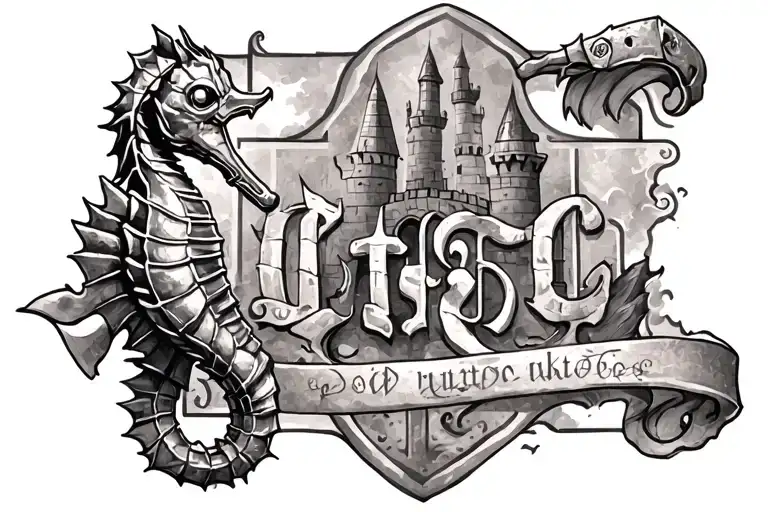 Combat Engineer castle with Essayons scroll and seahorse tattoo design idea