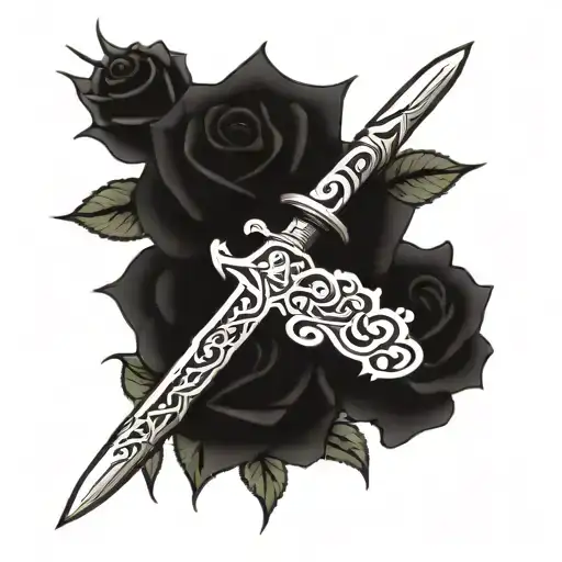 sword and roses intertwined tattoo design idea