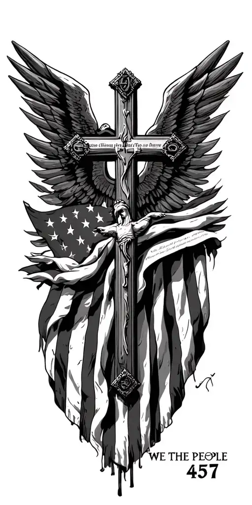 "We the people 45 47" american flag and us constitution behind catholic cross tattoo design idea