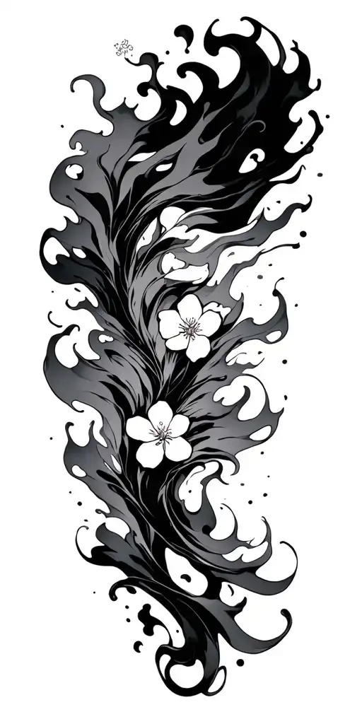 Japanese manga with fluid fire, wind -type smoke and cherry flower background tattoo design idea