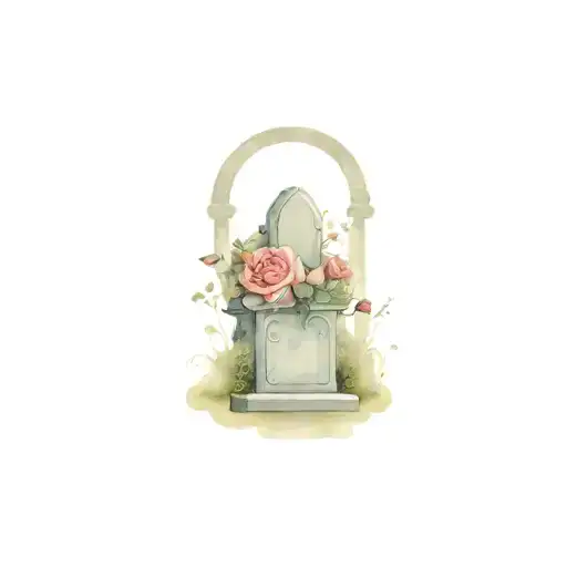 A graveyard scene with a beautiful rose bush growing over a tombstone, incorporating elements of neotraditional style tattoo design idea