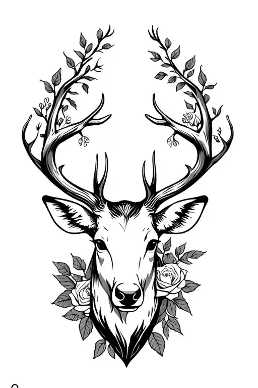 Roses for rose vine and deer head with trees tattoo design idea