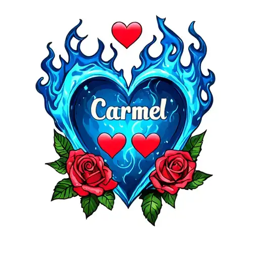 Blue fire heart with Carmel written across it, 3 small red hearts with Justin, Joshua, Javier across them, roses and vin tattoo design idea