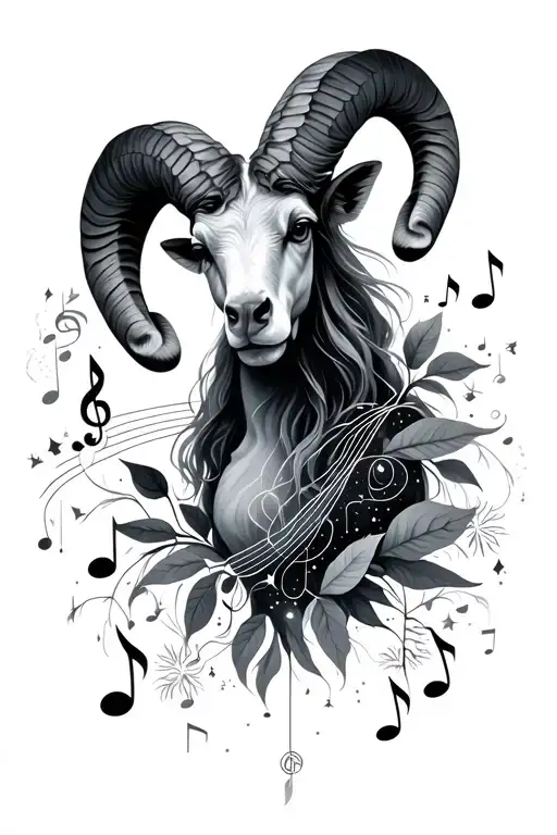 A cosmic Aries constellation intertwined with musical notes and nature elements tattoo design idea