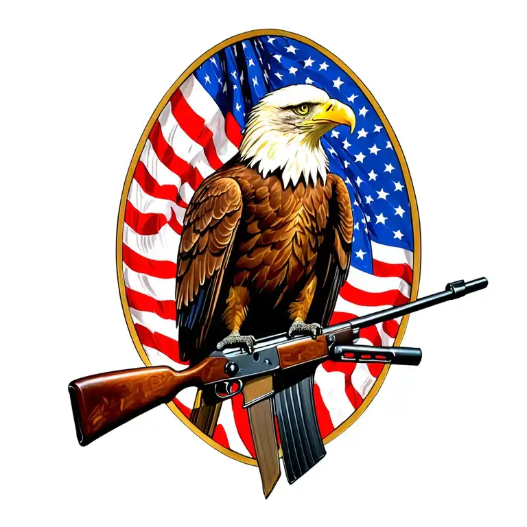 A patriotic bald eagle perched on a rifle with an American flag in the background tattoo design idea