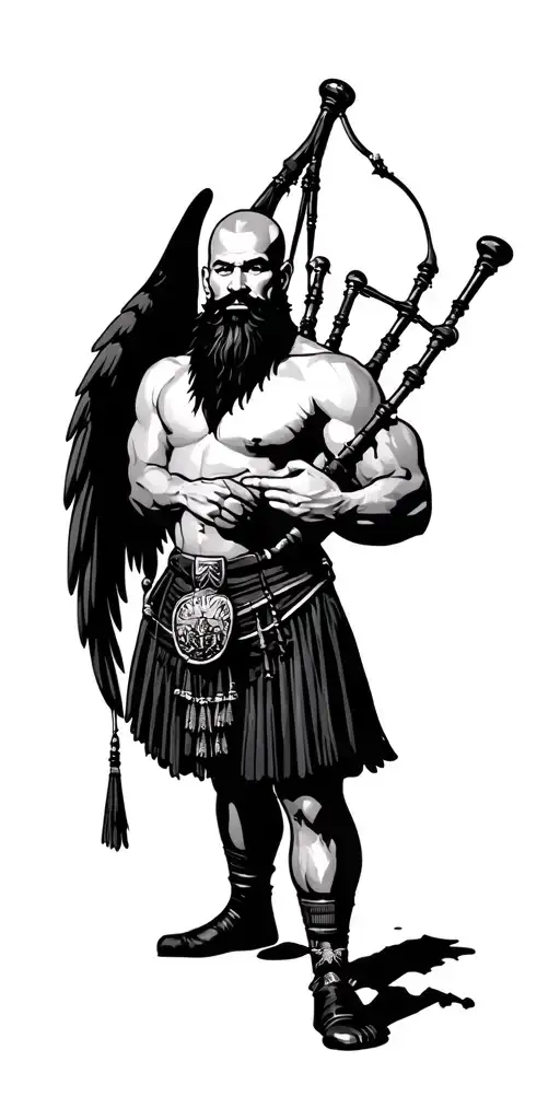 shirtless muscular bagpiper bald black beard with huge black wings playing bagpipes in arm tattoo design idea