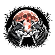 tribal male and female wolf facing each other in front of a blood moon, male wolf, transparent, with only stars  tattoo design idea