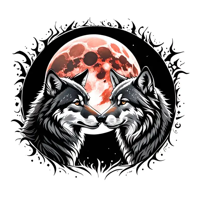 tribal male and female wolf facing each other in front of a blood moon, male wolf, transparent, with only stars  tattoo design idea