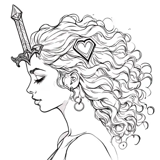 profile of lady with wild curly hair and in her hair are embedded with a sword, heart, diamond, and superman logo tattoo design idea