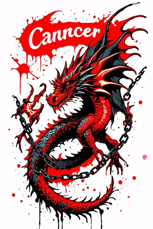 The dragon in chains looks at the distance and the zodiac sign Cancer 69 tattoo design idea