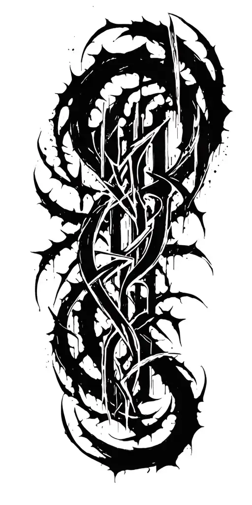 Raw Blackwork Chaotic Bold Strokes Flow Brutalist Dark Abstract Lettering Thorns Cyber Sigilism Expressive Anatomical  tattoo design idea
