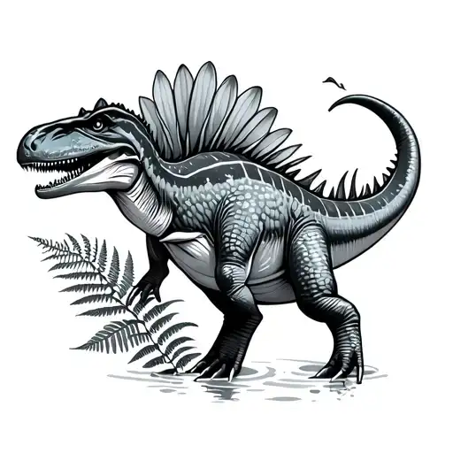 Spinosaurus swimming, thigh tattoo. water flowy background with ferns. not realistic. very stylistic cute. tattoo design idea