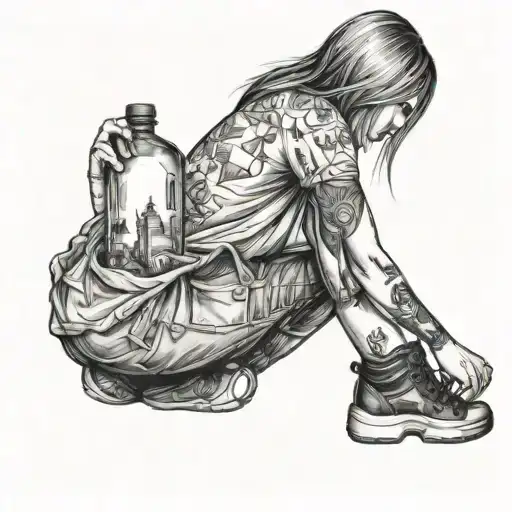 Girl Carrying Avery large bottle in her arms, squatting down while carrying it tattoo design idea