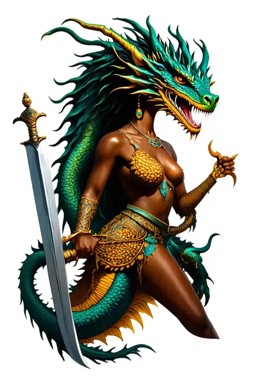 dragon protecting African woman holding a sword tattoo design idea