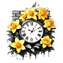 brick wall with shading, clock busting through with daffodils & yellow roses , yellow and orange water lily tattoo design idea