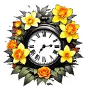 brick wall with shading, clock busting through with daffodils & yellow roses , yellow and orange water lily tattoo design idea