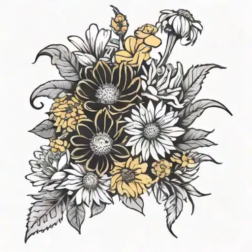 flower bouquet with daisy, calendula, chrysanthemum and carnation  tattoo design idea