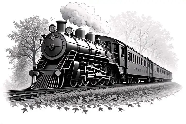 steam train facing forward with fall leaves churning up  tattoo design idea