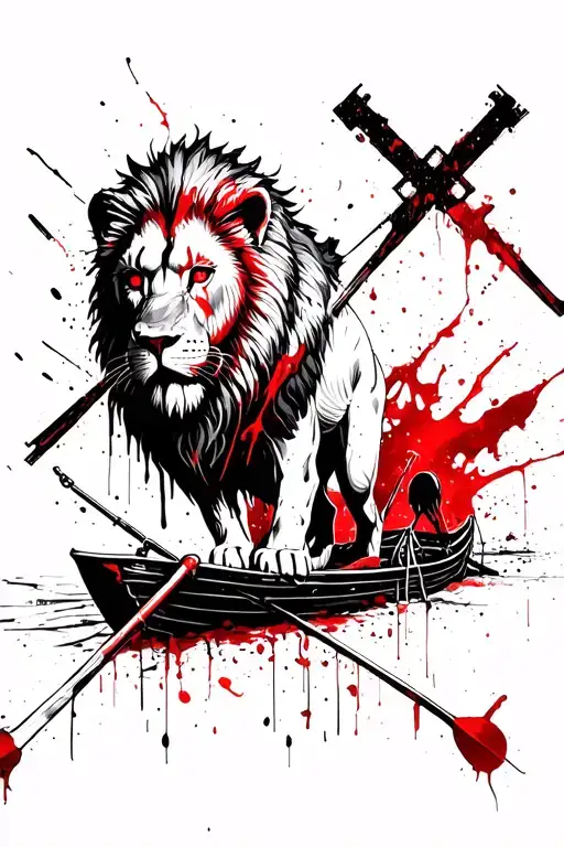 bloody lion with red eyes over faded crosses and rowing like it's ready for more challenges tattoo design idea