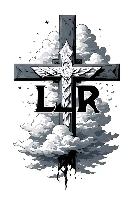 cross with clouds surrounding with LLR some where one the east side tattoo design idea