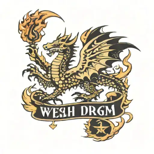 welsh dragon breathing fire with writing 'cymru am byth' tattoo design idea