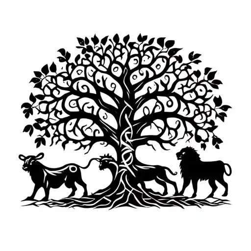 medieval art, tree of life with bull, lion and goat, celtic style tattoo design idea