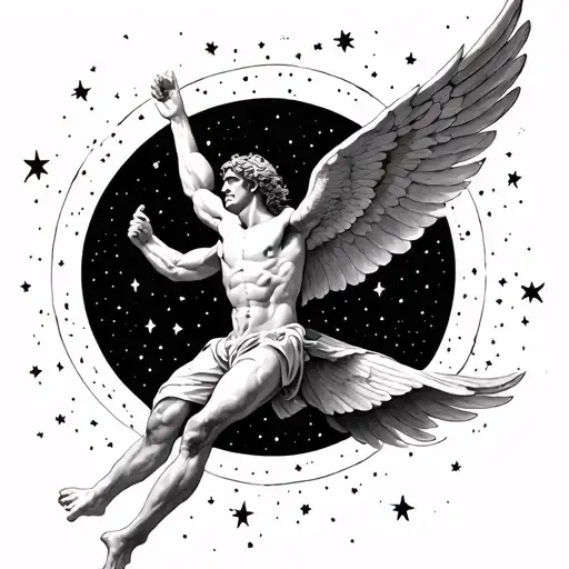 icarus falling in heaven with background constellation fineline tattoo design idea