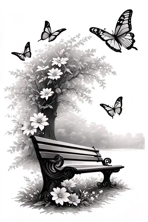 park bench, flowers and butterflies surrounding them, tribute tatto, dates of 01/06/1998- 30/12/2023 tattoo design idea