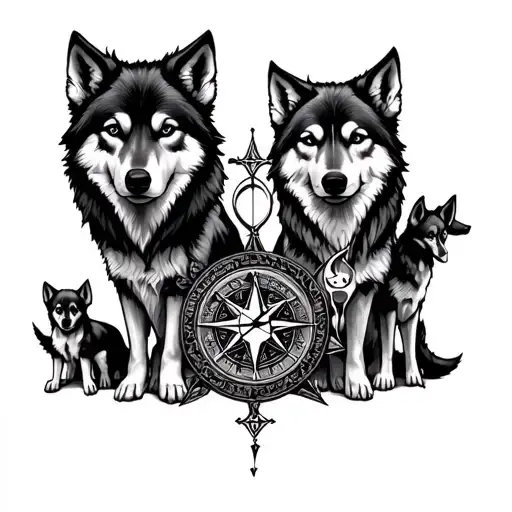Create me a tattoo with a male wolf Uno female 3 wolf puppies a moon a compass of the stairs and an hourglass tattoo design idea
