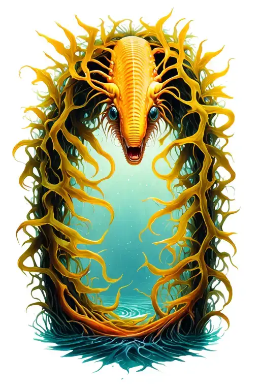 sea creature peaking through string of kelp forest tattoo design idea