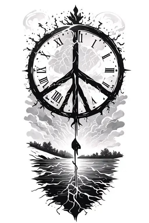 peace and lightining storm and time and nature tattoo design idea