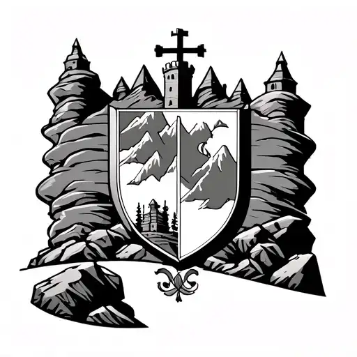 Linework tattoo of a medieval coat of arms with a tower on rocky hills, mountains in the background, and a cross above.  tattoo design idea