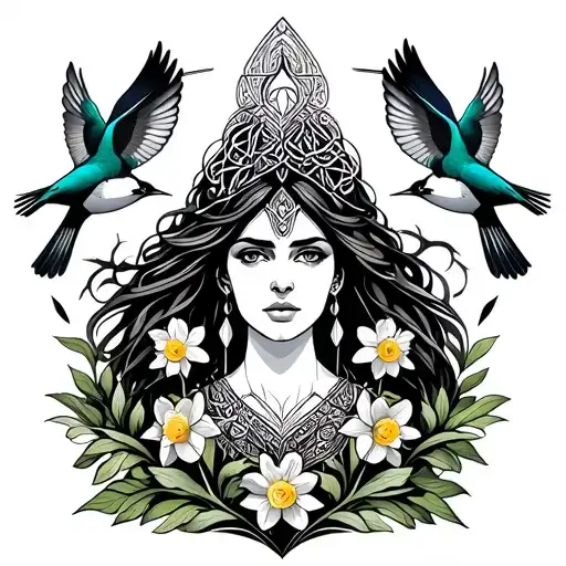 Celtic Goddess, Rhiannon. Surrounded by flying songbirds and daffodils tattoo design idea