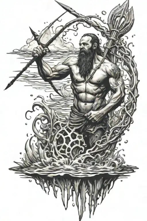 Posiden with trident standing in water  tattoo design idea