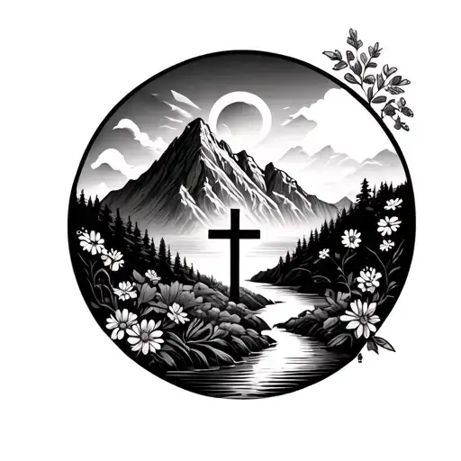 sunrise over a mountain with a river flowing from it, and a small cross in the middle with flowers all around tattoo design idea