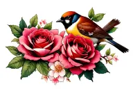 rose and sakura with sparrow  tattoo design idea