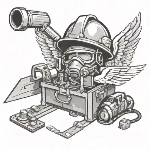 hard hat  with halo and wings carrying a tool box full of tools lik hammer, drill, ruler, square tattoo design idea