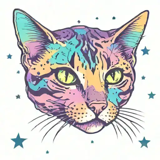 Skinny female tabby cat portrait, Galaxy, Stars, Space, Blue Green purple white black, spot on face, tattoo design idea