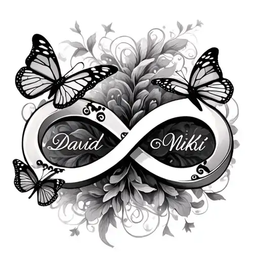 Infinity sign with butterflies and David and Nikki's name in it tattoo design idea