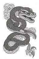 irezumi in black and white of a snake holding a crow tattoo design idea
