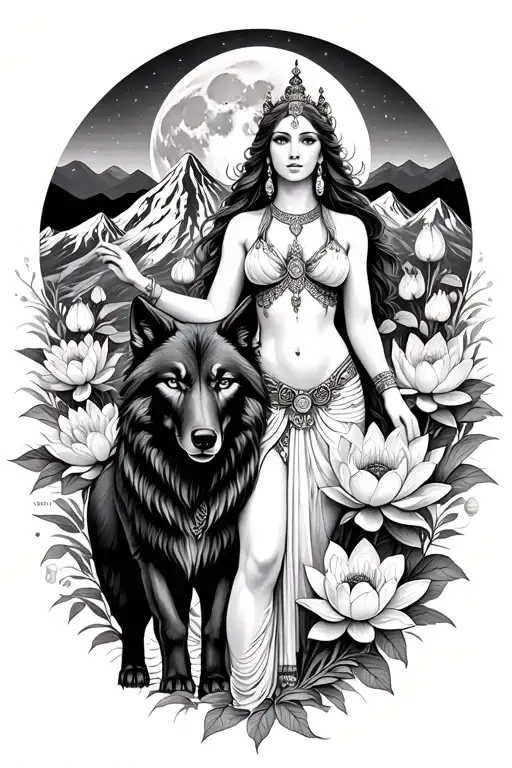sexy aries goddess surrounded by poeny and lotus flowers growing with a black wolf in a mountain range with the moon tattoo design idea