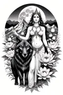 sexy aries goddess surrounded by poeny and lotus flowers growing with a black wolf in a mountain range with the moon tattoo design idea