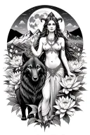sexy aries goddess surrounded by poeny and lotus flowers growing with a black wolf in a mountain range with the moon tattoo design idea