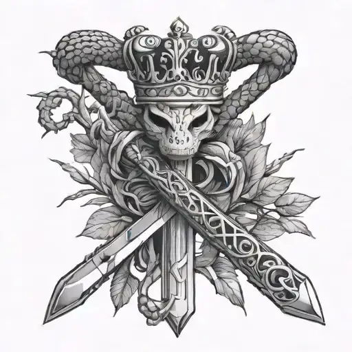 snake wrapped swords and crown in front of ash tree tattoo design idea