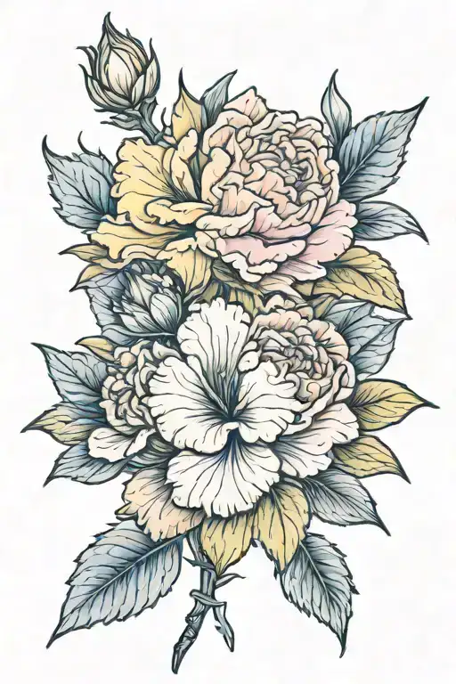 pink carnation, white rose, blue water lily, yelliw gladiolus tattoo design idea