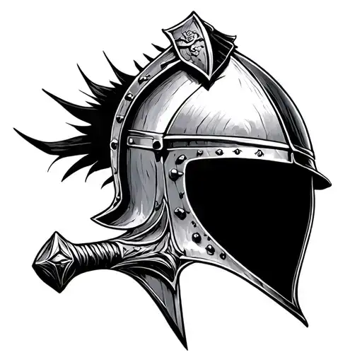 In the style of sketch tattoo a crusader helmet with a handle of a sword tattoo design idea