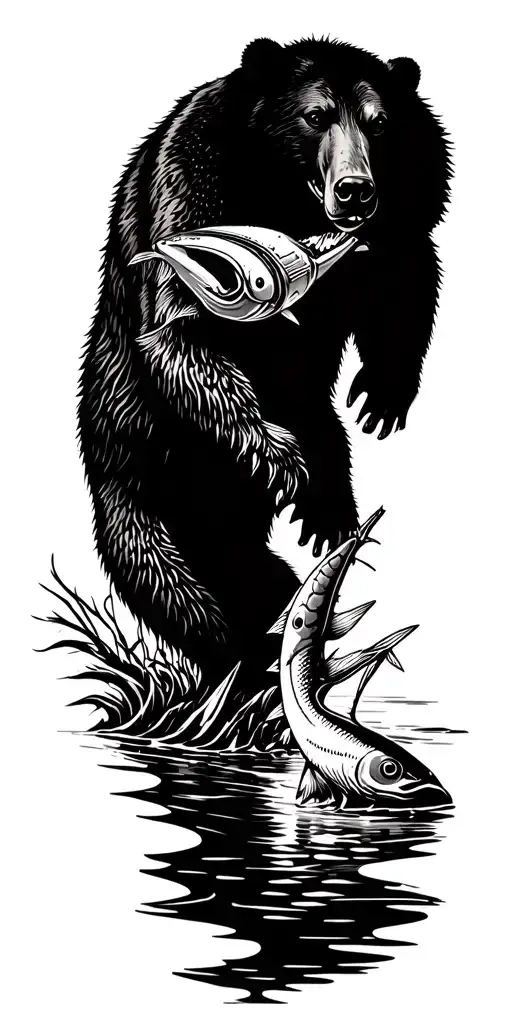 An intricate blackwork tattoo of a bear catching a fish in a river, with engineering tools subtly woven into the background, reflecting your interests and profession tattoo design idea