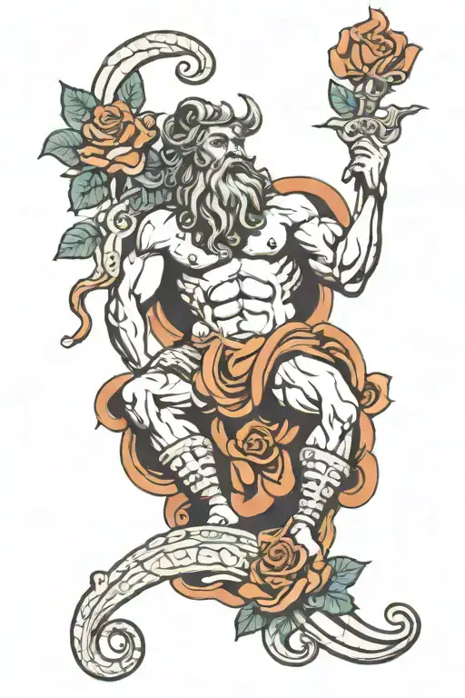 poseidon god with roses and embers tattoo design idea